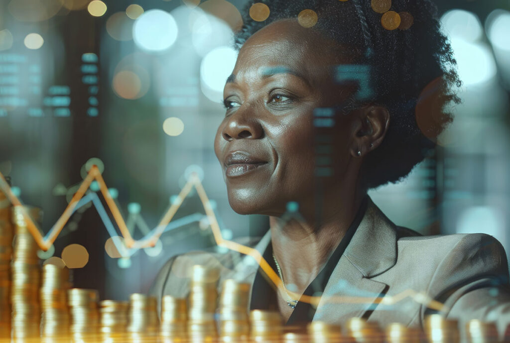 About Us confident businesswoman with financial graphs